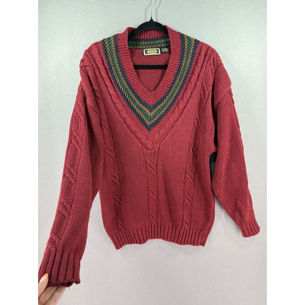 Vintage Hunting Horn Red Chunky Cable Knit Sweater Size Medium Old Money Preppy